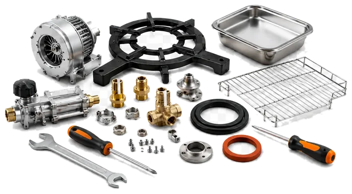 Spare parts and accessories including burners, tools, trays, seals and fittings