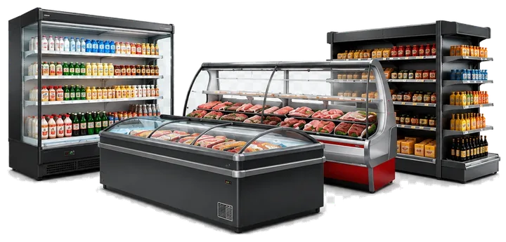 Supermarket display chillers, island freezer, meat display counter and storage shelves