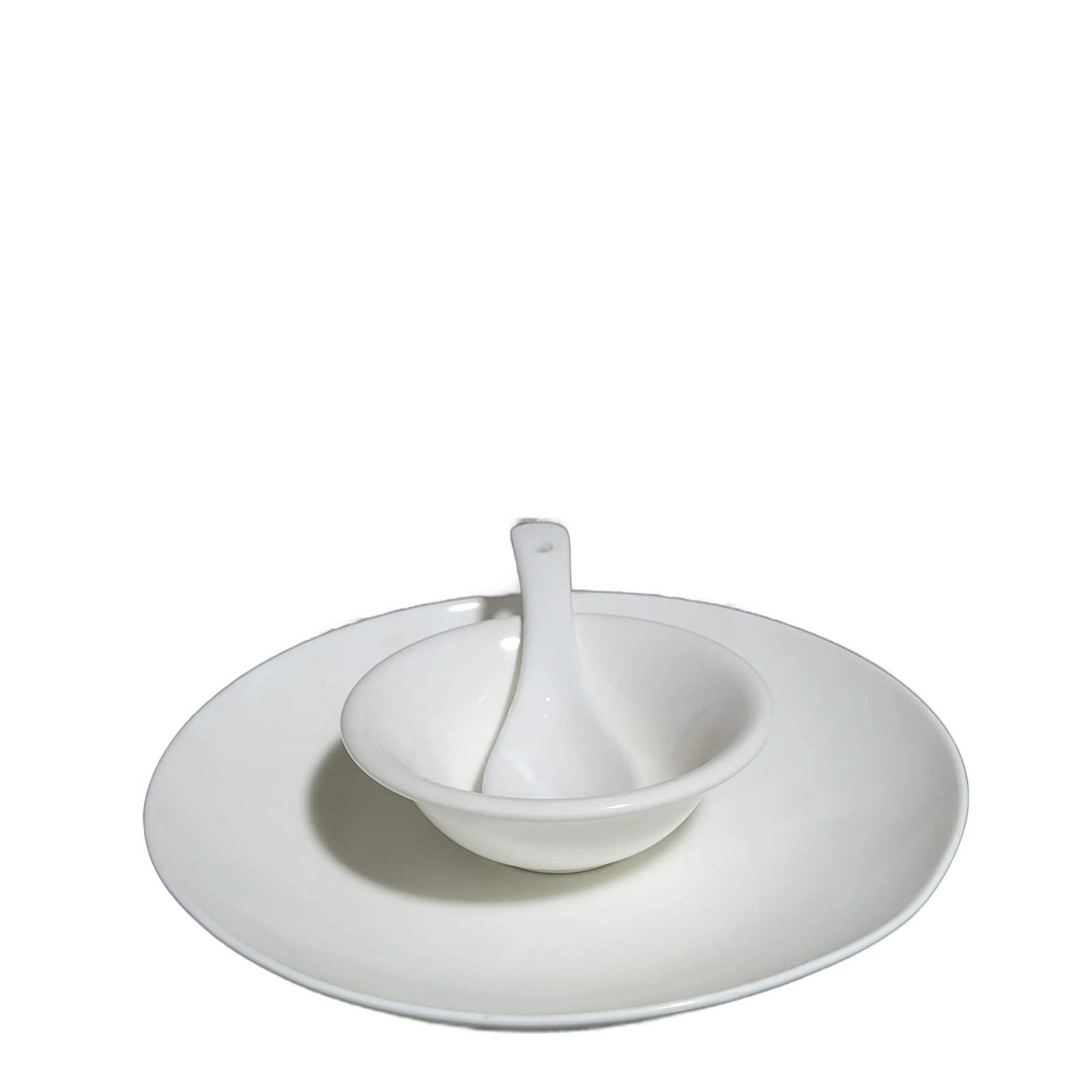 White Ceramic Sauce Bowl with Spoon and Platter