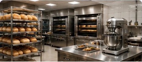 Professional bakery ovens, bread racks and mixer